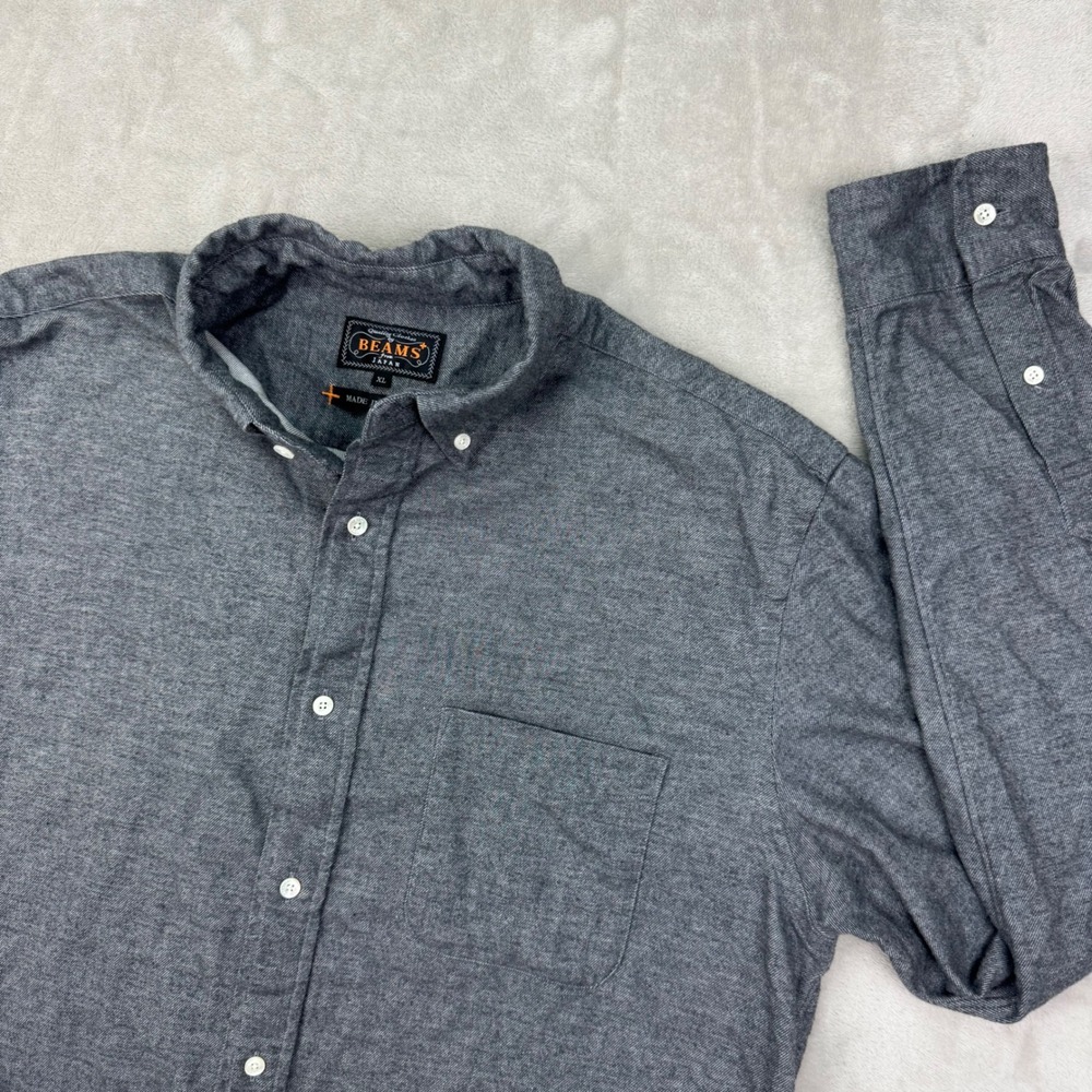 BEAMS PLUS Japan Mens XL Gray Chambray Oxford Button Down Shirt Orange Stitch